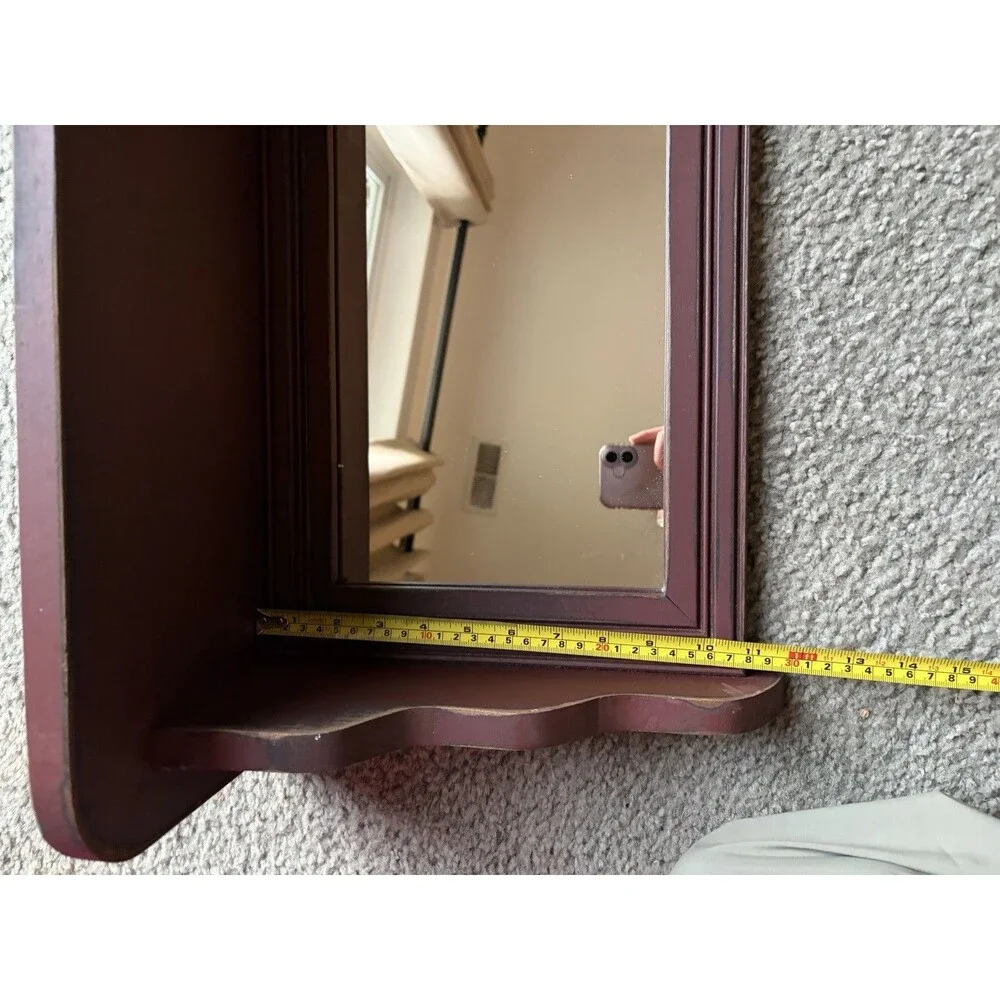 Wooden Wall Shelf W/ Mirror Cottage Core Country Burgundy